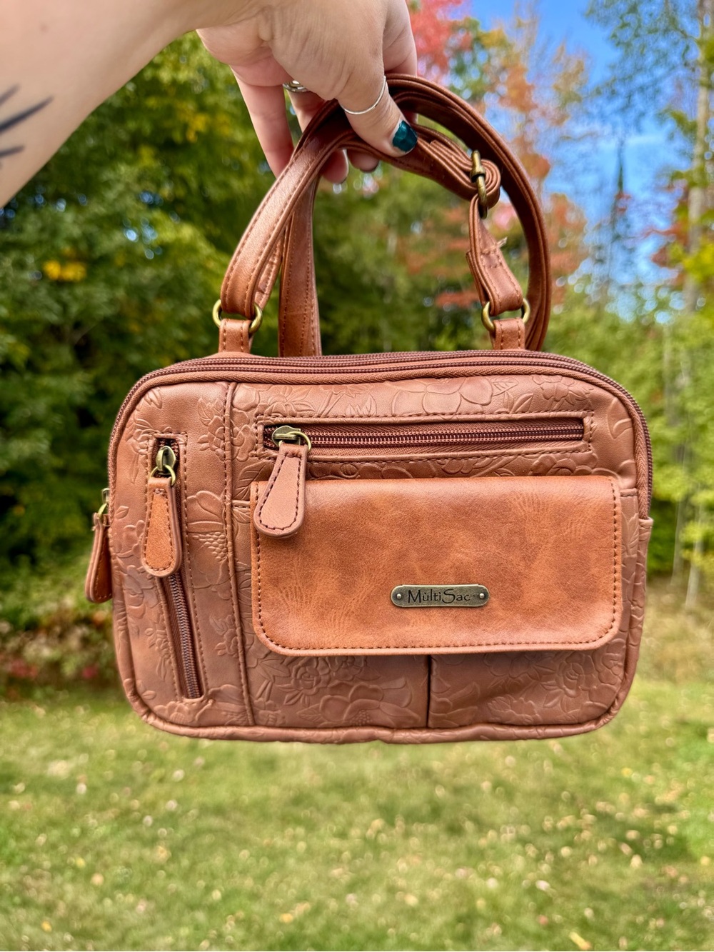 MultiSac Tan Floral-Embossed Convertible Shoulder & Crossbody Bag